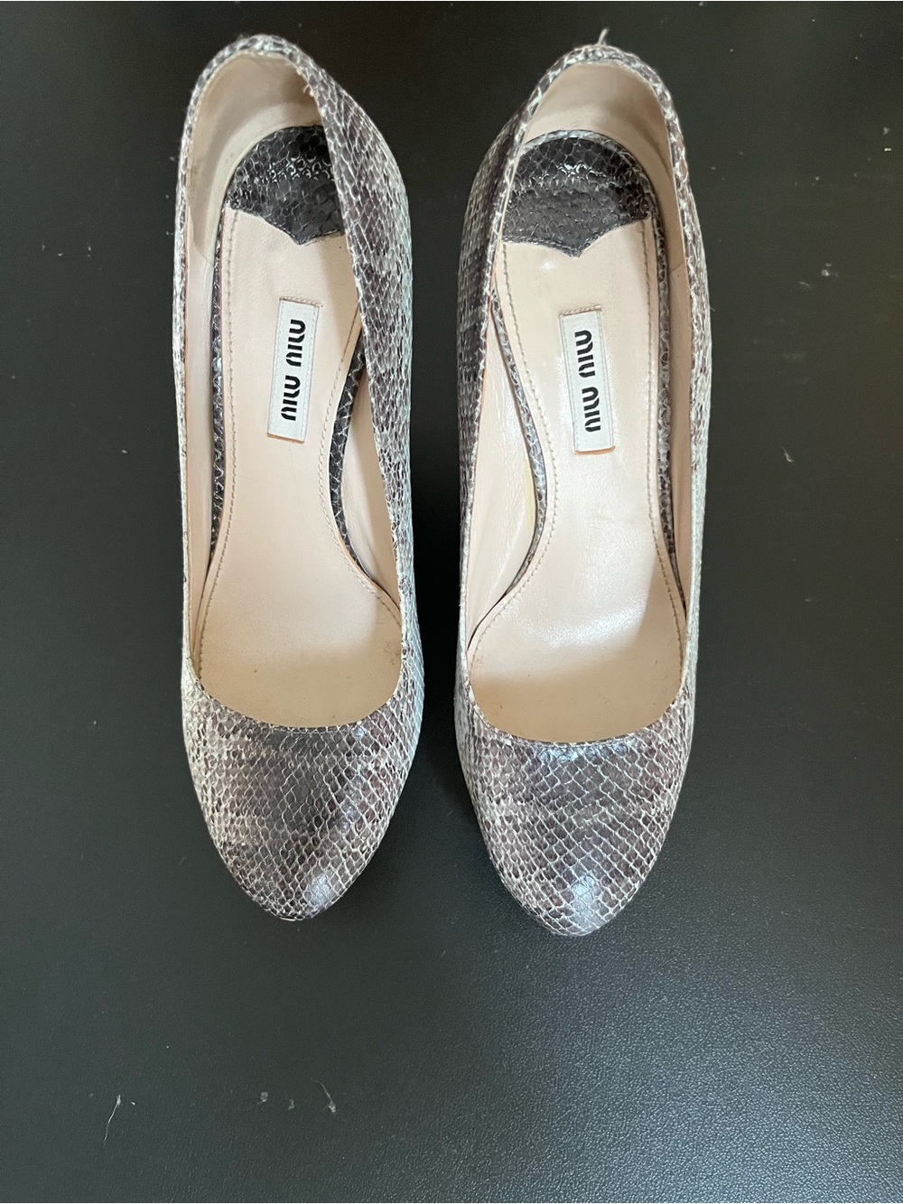Miu Miu Taupe Snakeskin-Effect Leather Pumps